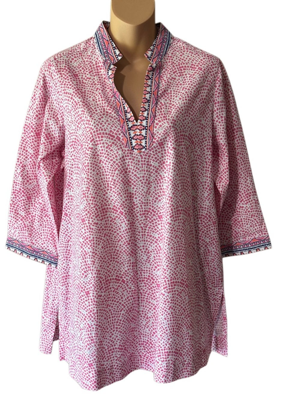 Foxcroft for Appleseed's Size 10 Wrinkle Free Pink Tunic Blouse Boho Aztec